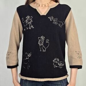 Vintage Poodle Graphic Knit Sweater Novelty Dog Top Color Block Medium Y2K